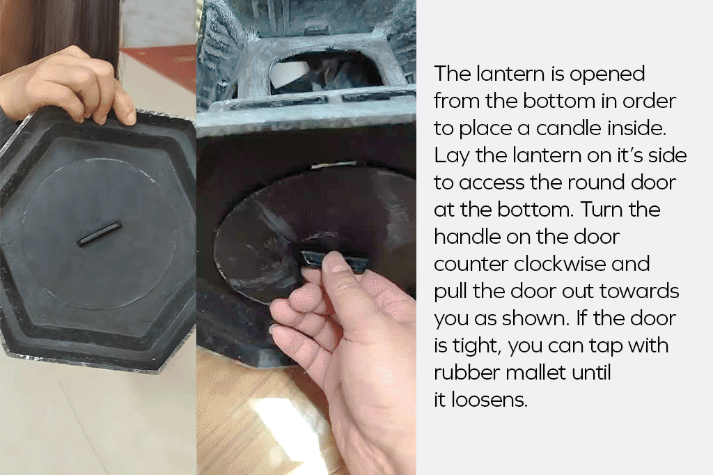 Video playing shows how to twist open the base plate to allow insertion of a candle into the lantern