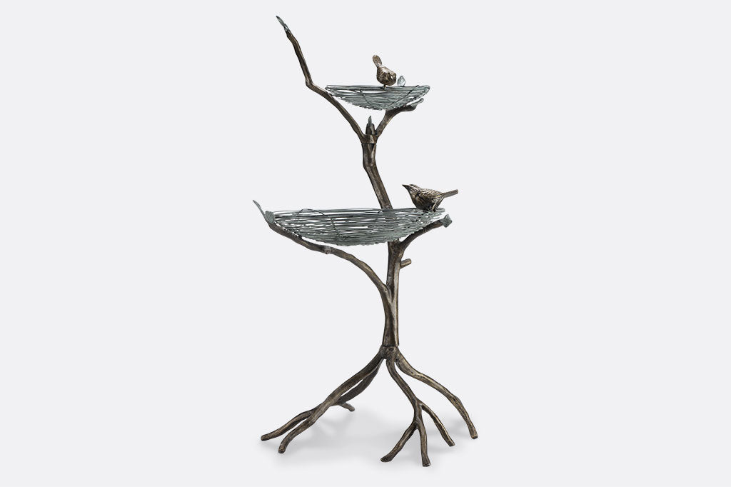 two tier bird feeder/planter featuring birds on a nest and branch