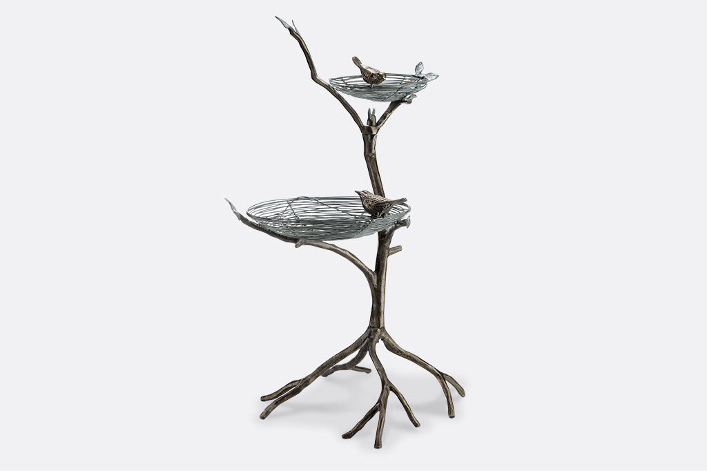 two tier bird feeder/planter features 2 birds and 2 wire nests on a sculptural tree with roots