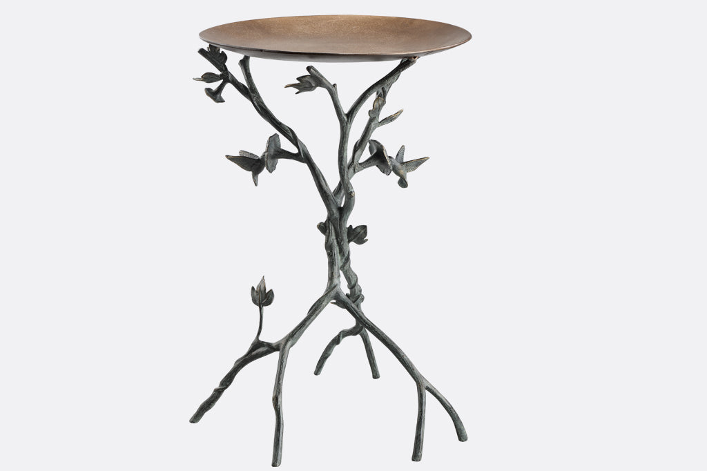 Hummingbird and Flowers Birdbath with sculpted metal birds and blossoms