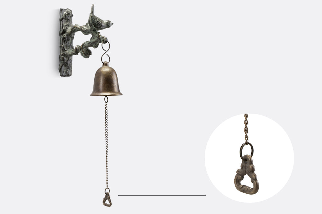 Left side of Songbird Mounted Wind Bell shown with inset view of hanging wind sail