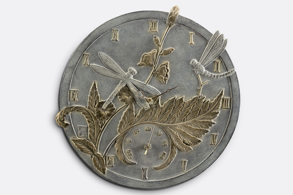 Metal sculpted wall clock and thermometer features fern flower, and dragonflies in zinc and bronze finishes