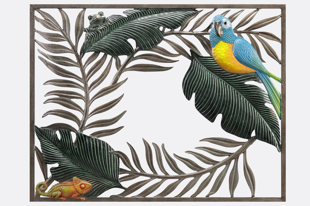 large wall plaque featuring a parrot, frog, and chameleon