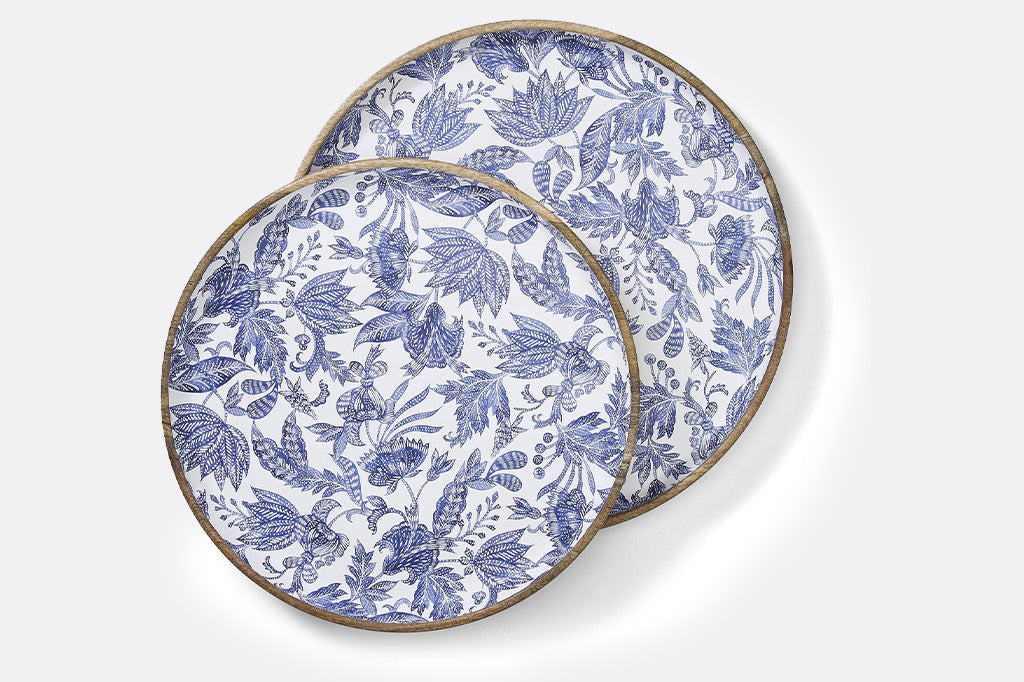 Large mango wood tray platters enameled with jeweltone blue jaquard floral print