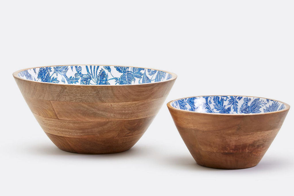 Indienne Indigo Enameled Wooden Bowls Set of Two
